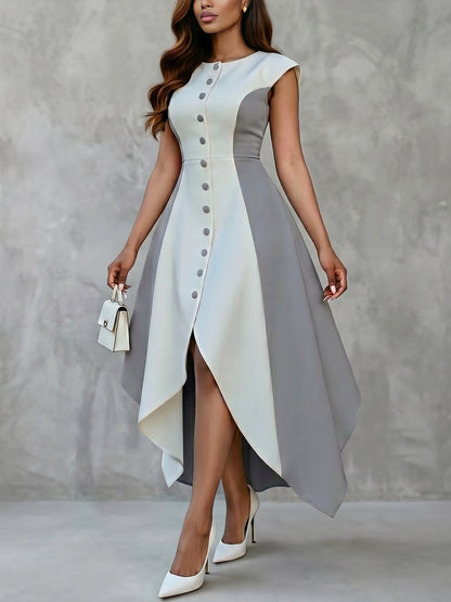 A-Line High Waisted Buttoned Contrast Color Split-Joint Zipper Round-Neck Maxi Dresses