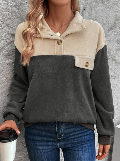 Sweat-shirt ample à manches longues, boutonné et contrasté, en velours, à col montant et à fentes 