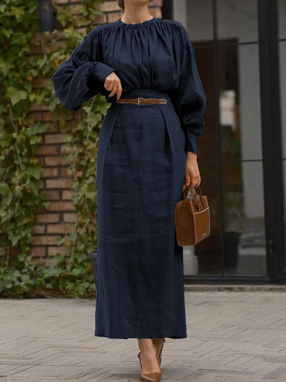 Long Sleeves Pleated Solid Color Split-Joint Round-Neck Blouses&Shirts Tops