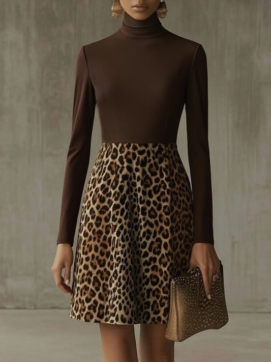 High Waisted Long Sleeves Contrast Color Leopard Split-Joint High Neck Mini Dresses