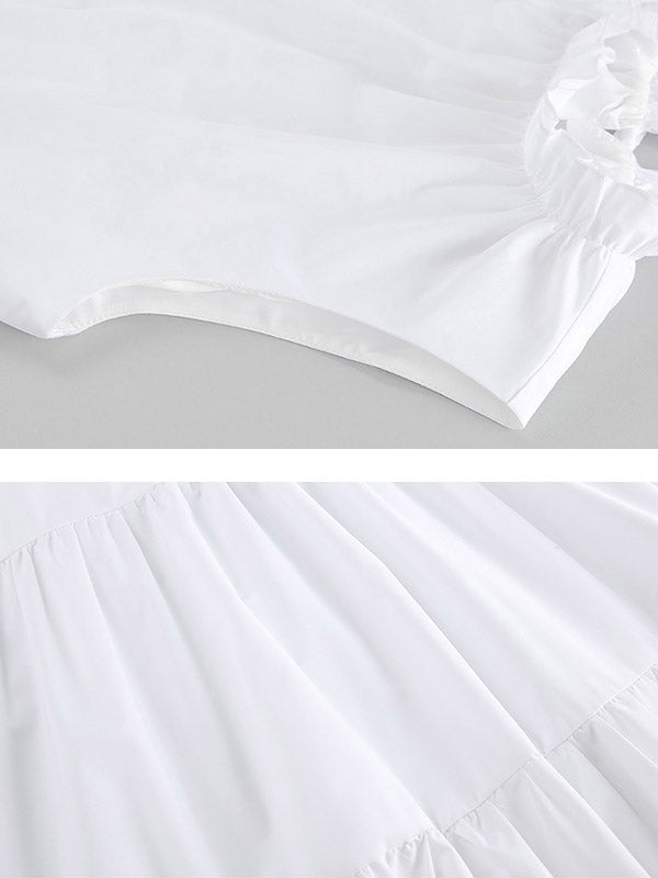 A-Line Loose Pleated Ruffled Solid Color Split-Joint Round-Neck Mini Dresses Shirt Dress