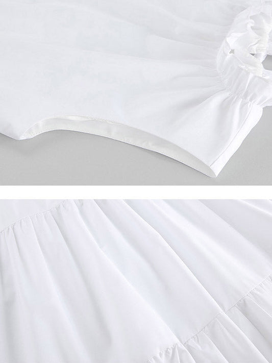 A-Line Loose Pleated Ruffled Solid Color Split-Joint Round-Neck Mini Dresses Shirt Dress