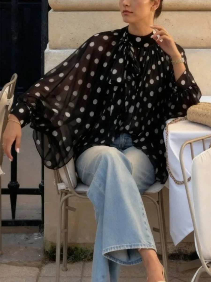 Tied See-Through Polka-Dot Contrast Color Puff Sleeves Loose Round-neck Blouses&shirts Tops