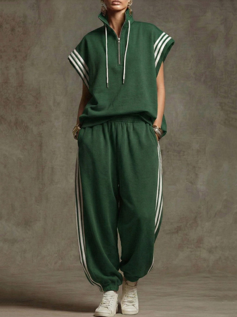 Ankle-Tied Loose Contrast Color Pleated Pockets Split-Joint Striped Pants Trousers