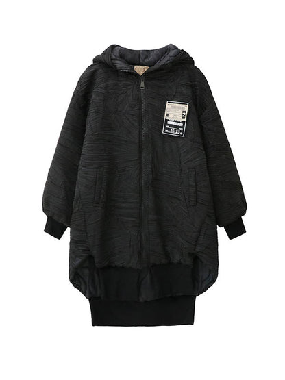 High-Low Irregularity Abstract Printed Contrast Color Split-Joint Zipper Hooded Outerwear Overcoat