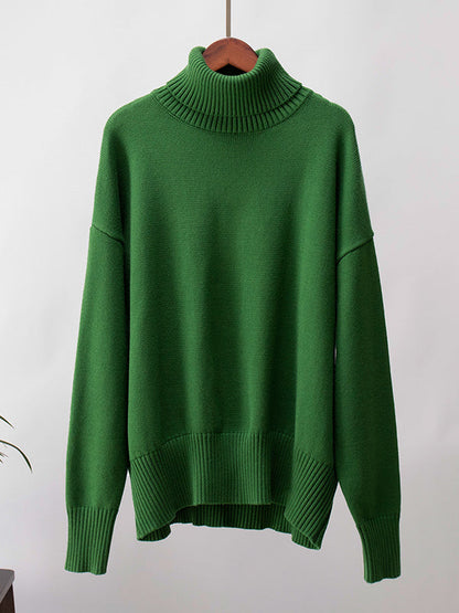 High-Low Long Sleeves Solid Color Split-Joint High Neck Sweater Tops