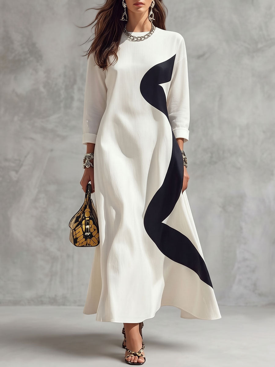 Zipper Wave Print Contrast Color Three-quarter Sleeves Loose Round-neck Maxi Dresses