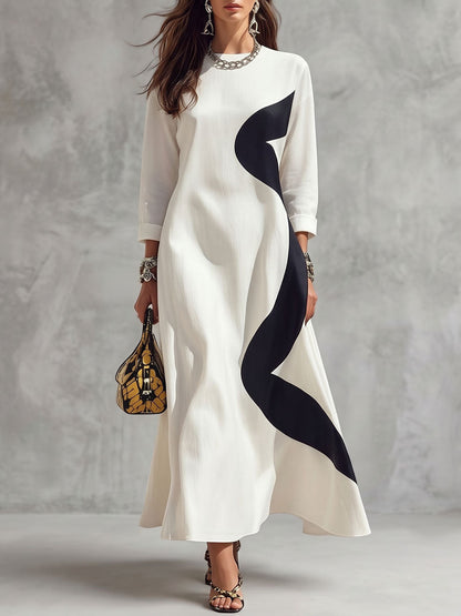 Zipper Wave Print Contrast Color Three-quarter Sleeves Loose Round-neck Maxi Dresses