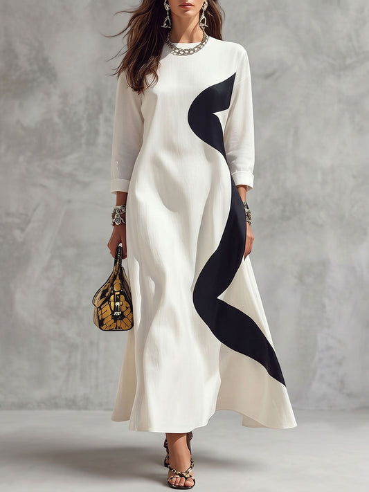 Zipper Wave Print Contrast Color Three-quarter Sleeves Loose Round-neck Maxi Dresses