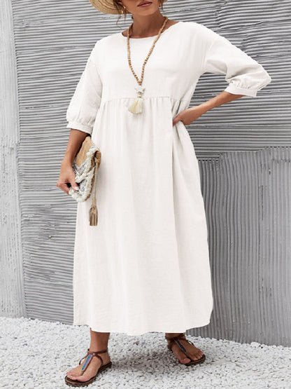 Robe mi-longue unie à col rond et simple, 11 couleurs 