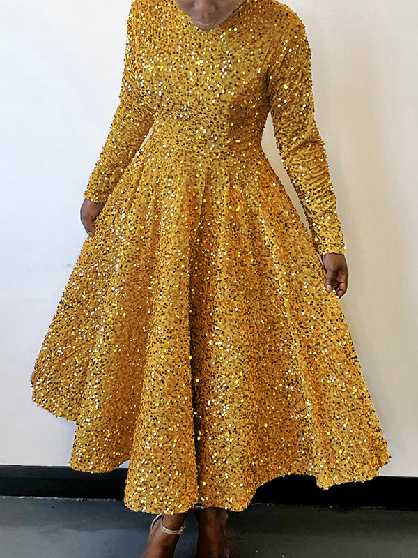 Robe longue trapèze taille haute à paillettes, fermeture éclair fendue et col rond 