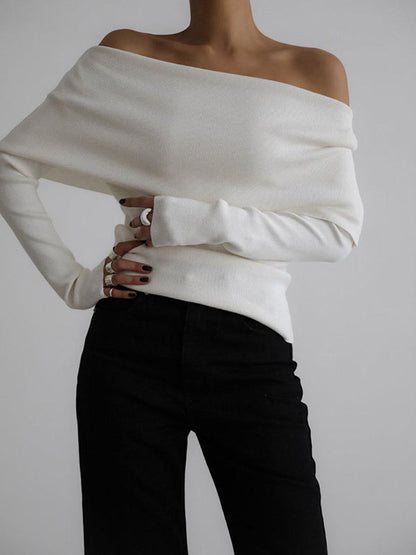 Long Sleeves Loose Solid Color Off-The-Shoulder Pullovers Sweater Tops
