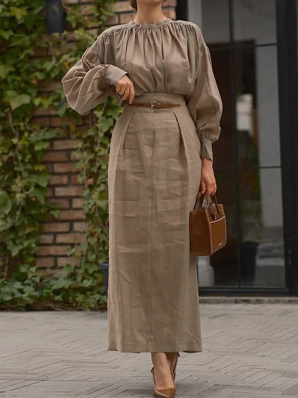 Loose Pleated Solid Color Split-Joint Skirts