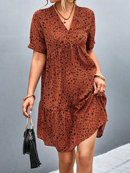Short Sleeves Flower Print Split-Joint V-Neck Mini Dresses