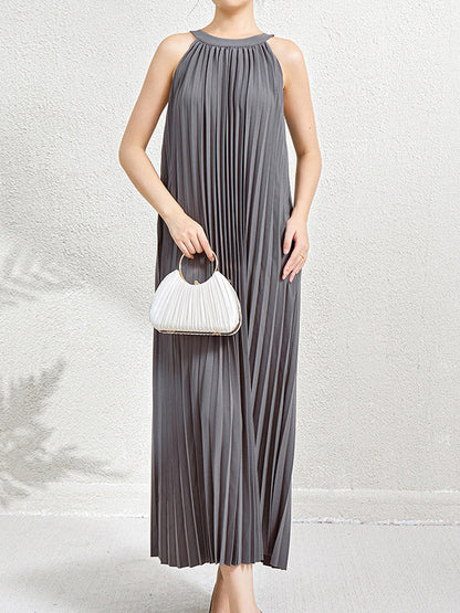Lockere ärmellose, hohle, plissierte Taschen, einfarbige Neckholder-Maxikleider 