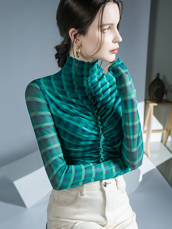 Long Sleeves Skinny Contrast Color Plaid Pleated Split-Joint High-Neck Blouses&Shirts Tops