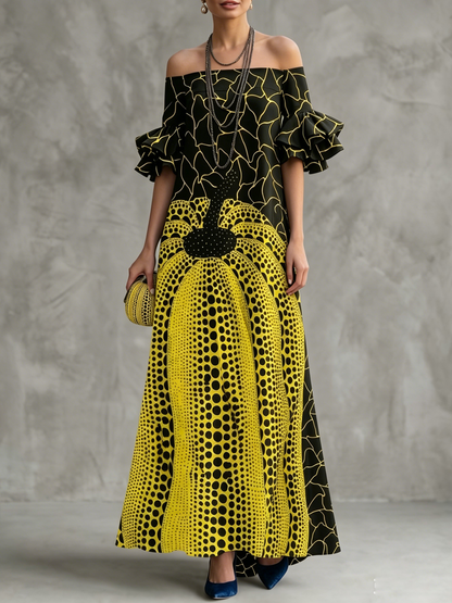 Flared Sleeves Half Sleeves Contrast Color Off-The-Shoulder Maxi Dresses