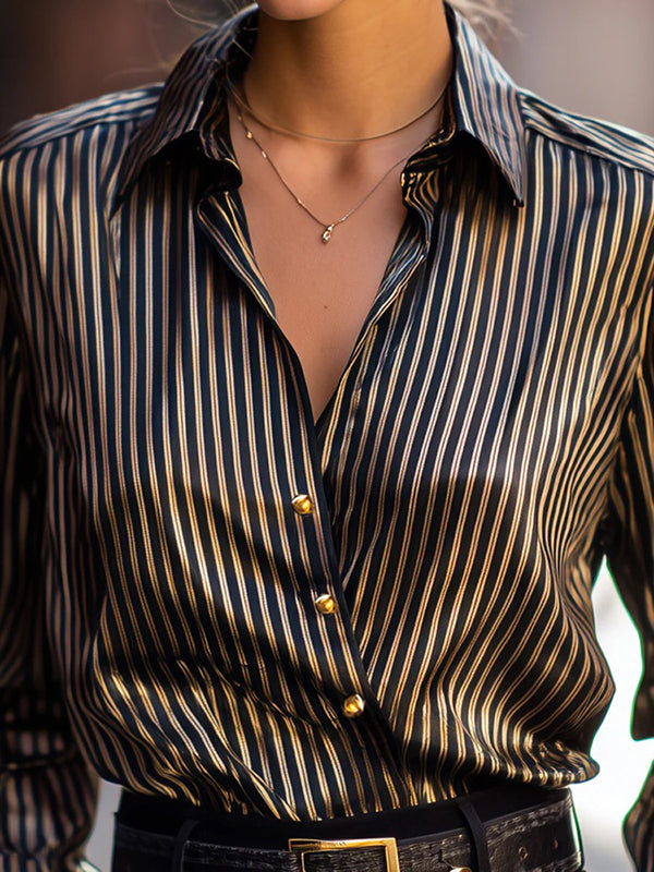 Long Sleeves Loose Buttoned Contrast Color Striped Lapel Blouses&Shirts Tops