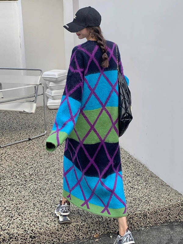 Long Sleeves Loose Contrast Color Plaid Split-Joint Round-Neck Midi Dresses Sweater Dresses
