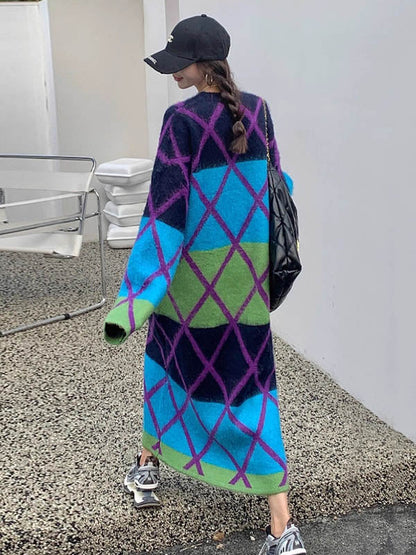 Long Sleeves Loose Contrast Color Plaid Split-Joint Round-Neck Midi Dresses Sweater Dresses
