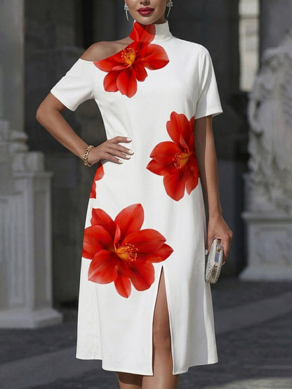 Loose Short Sleeves Asymmetric Flower Print Split-Front High Neck Midi Dresses