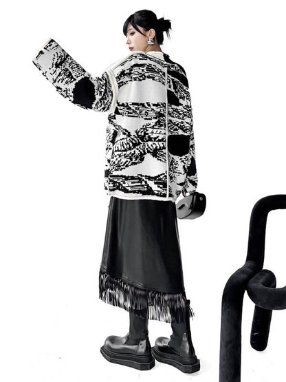Long Sleeves Loose Abstract Printed Buttoned Contrast Color Pockets Split-Joint Collarless Cardigan Tops Outerwear
