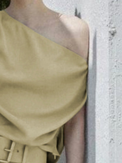 Loose Short Sleeves Solid Color One-Shoulder T-Shirts Tops