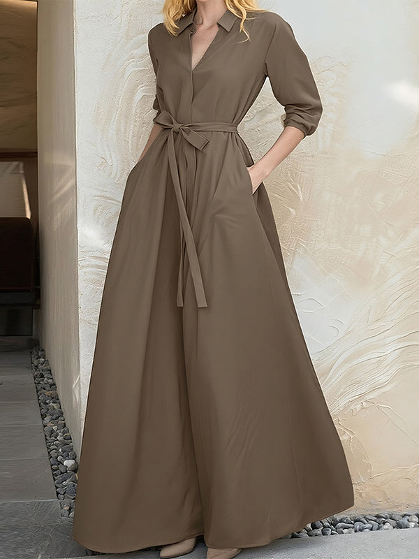 High Waisted Loose Pockets Solid Color Tied Waist Lapel Jumpsuits