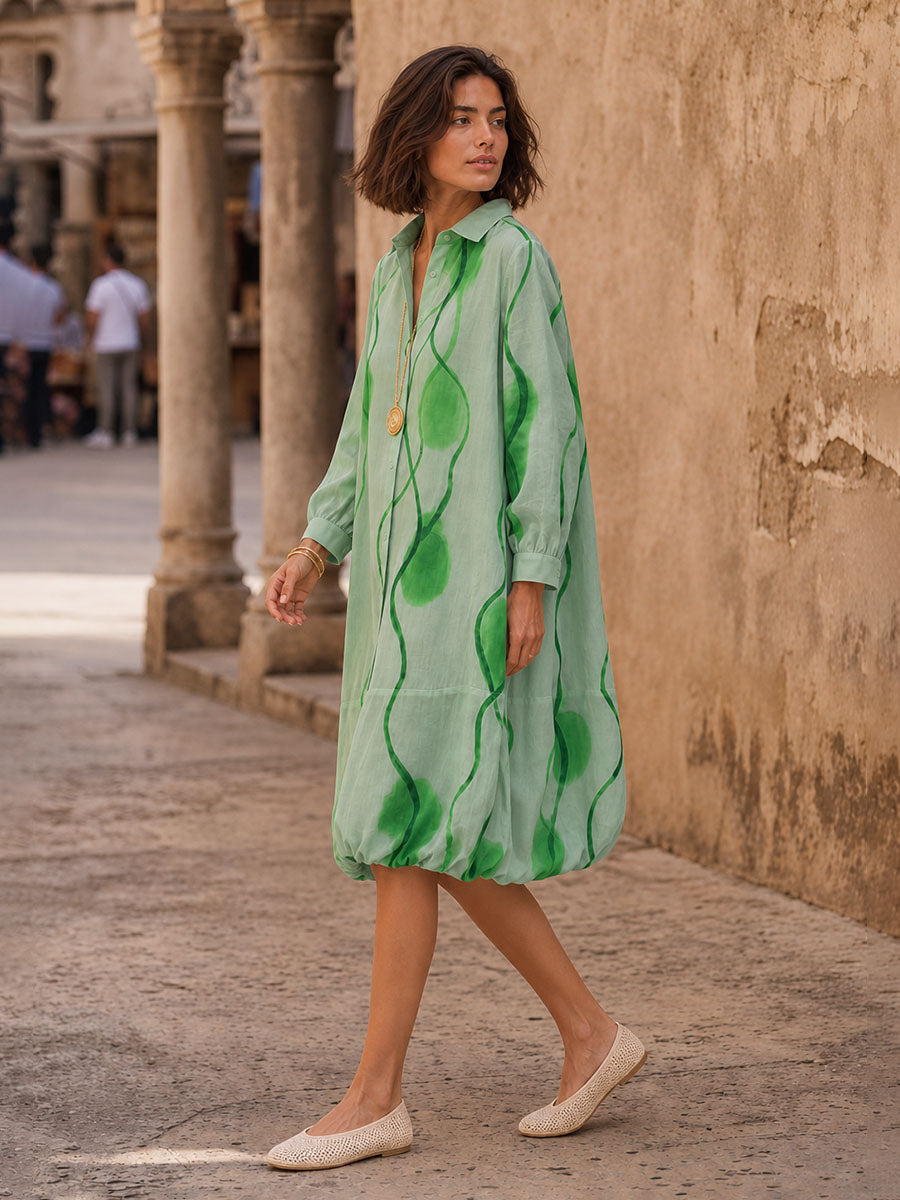 Printed Pockets Elasticity Contrast Color Buttoned Loose Long Sleeves Lapel Midi Dresses