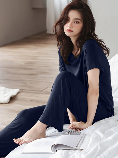 Casual Short Sleeves Solid Color V-Neck T Shirt Top&Drawstring Pants Pajamas Set