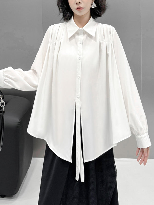 Irregularity Long Sleeves Buttoned Solid Color Split-Joint Streamer Lapel Collar Blouses&Shirts Tops