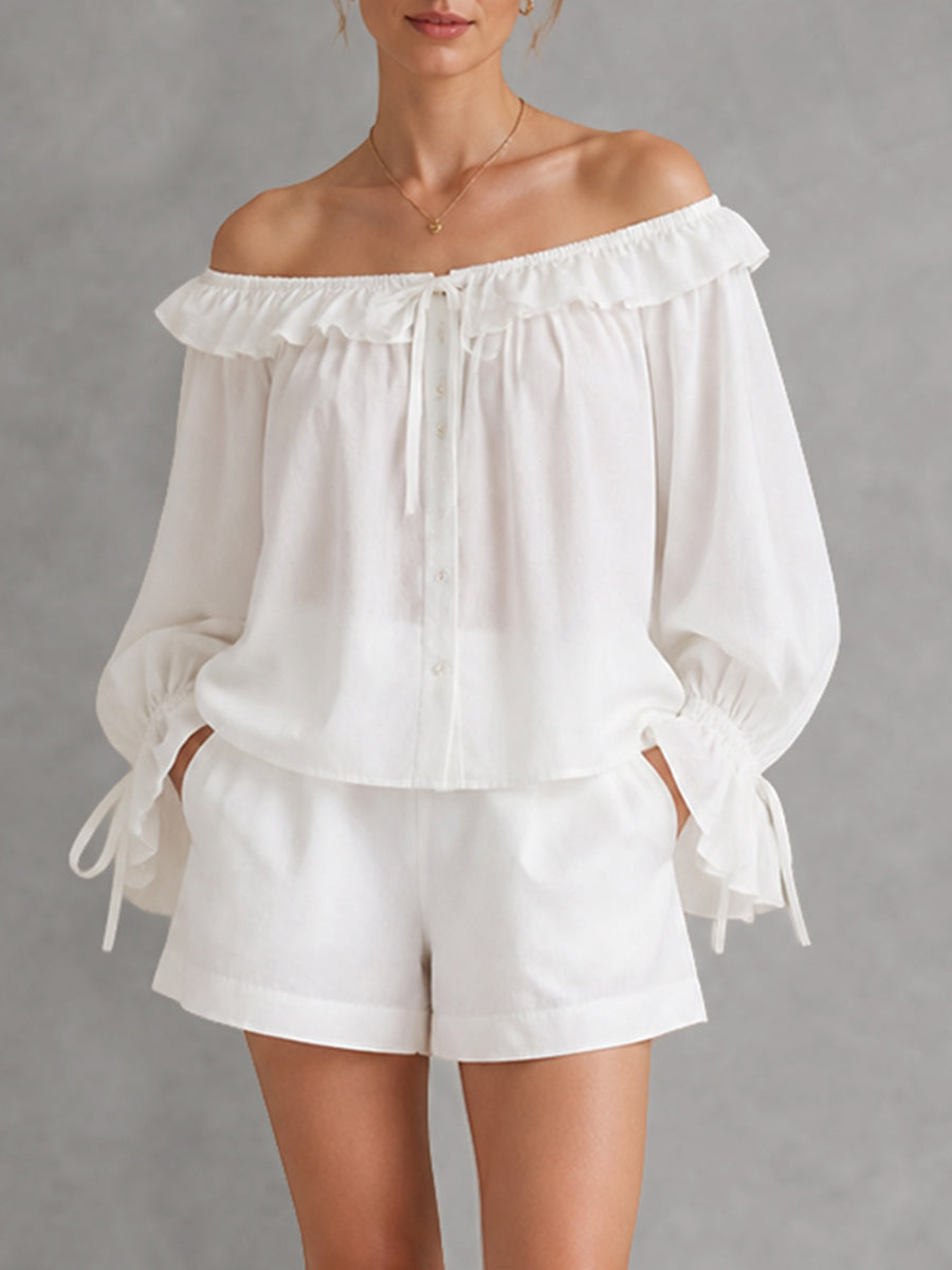 Solid Color See-Through Ruffle Trim Elasticity Drawstring Buttoned Loose Long Sleeves Off-the-shoulder Blouses&shirts Tops