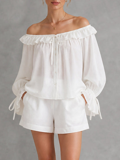 Solid Color See-Through Ruffle Trim Elasticity Drawstring Buttoned Loose Long Sleeves Off-the-shoulder Blouses&shirts Tops