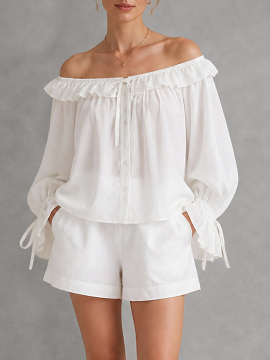Solid Color See-Through Ruffle Trim Elasticity Drawstring Buttoned Loose Long Sleeves Off-the-shoulder Blouses&shirts Tops
