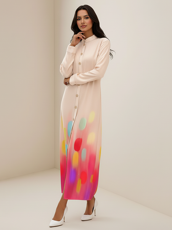 Irregularity Long Sleeves Abstract Printed Asymmetric Buttoned Contrast Color Geometric Split-Front Split-Joint Stand Collar Maxi Dresses Shirt Dress