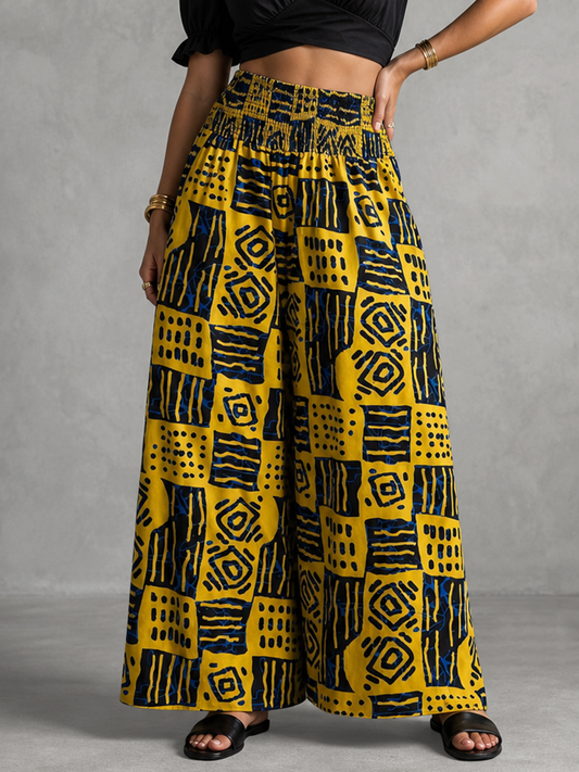 High Waisted Wide Leg Contrast Color Elasticity Pleated Printed Pants Trousers