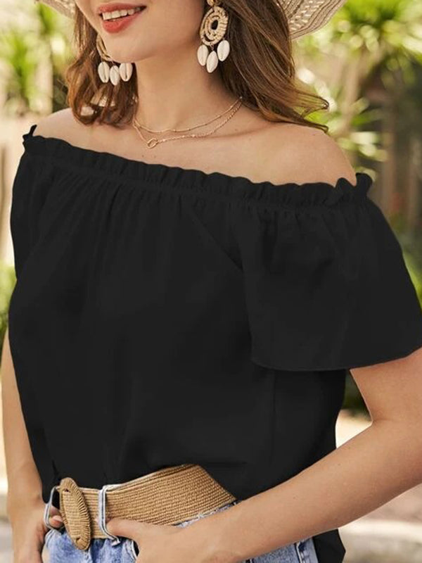 Loose Short Sleeves Elasticity Ruffle Trim Solid Color Off-The-Shoulder Blouses&Shirts Tops