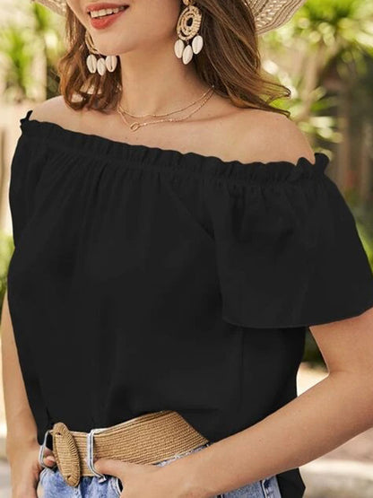 Loose Short Sleeves Elasticity Ruffle Trim Solid Color Off-The-Shoulder Blouses&Shirts Tops