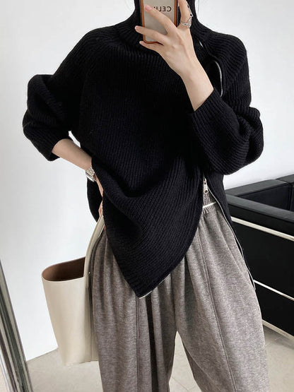 Long Sleeves Loose Split-Joint Split-Side Zipper High Neck Sweater Tops