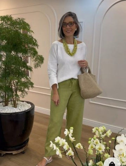 White round neck long sleeve top + Green Loose Casual Pants