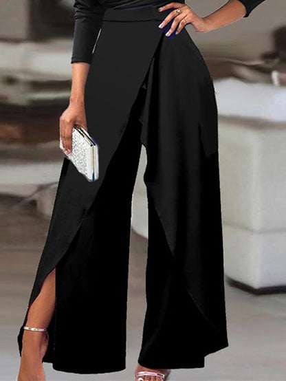 Solid Color One-Shoulder Long Sleeves T-Shirt + High-Waisted Wide Leg Pants Trousers Two Pieces Set