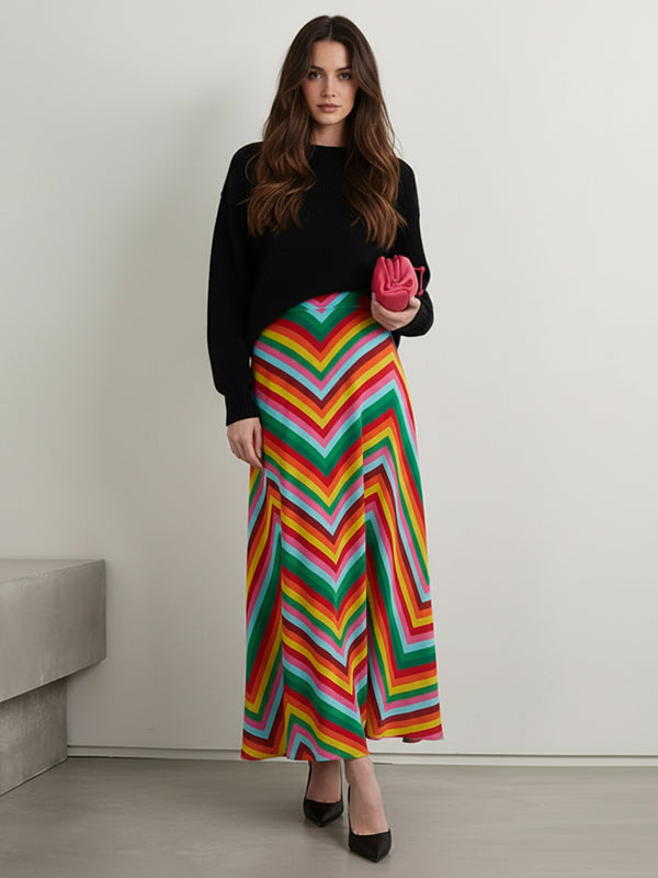 A-Line High Waisted Contrast Color Multi-Colored Serrated Print Skirts Bottoms