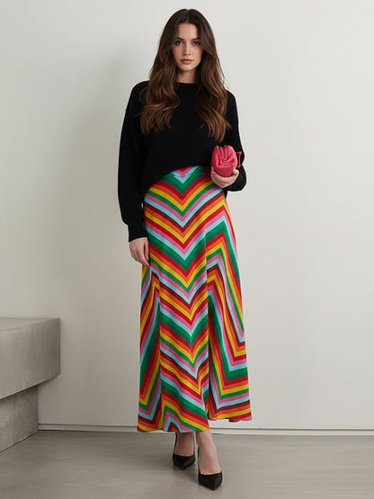 A-Line High Waisted Contrast Color Multi-Colored Serrated Print Skirts Bottoms