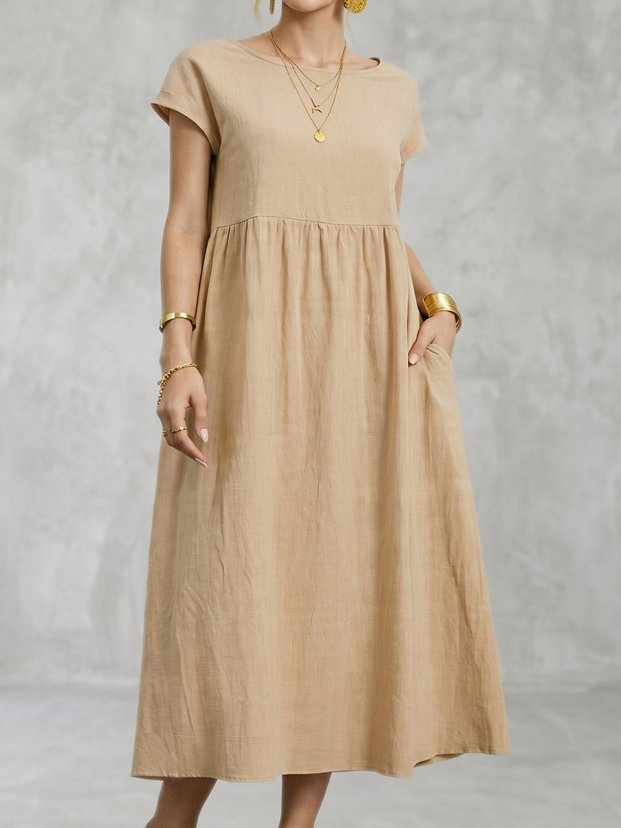 A-Line Plus Size Pleated Pockets Solid Color Round-Neck Midi Dresses