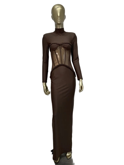 PINKAPPLE DRESSES ELVIS Brown Sheer Corset Maxi Dress