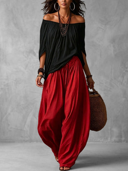 Pleated Solid Color Off-The-Shoulder Batwing Sleeves Blouses&Shirts Tops + High Waisted Elasticity Pants Trousers Two Pieces Set