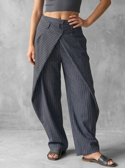 High Waisted Wide Leg Buttoned Contrast Color Split-Joint Striped Blazer Pants Trousers
