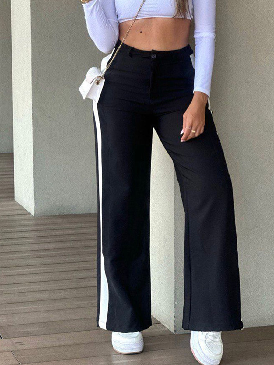 Pockets Drawstring Contrast Color Wide Leg High Waisted Trousers Pants