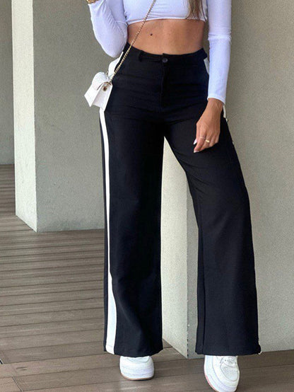 Pockets Drawstring Contrast Color Wide Leg High Waisted Trousers Pants