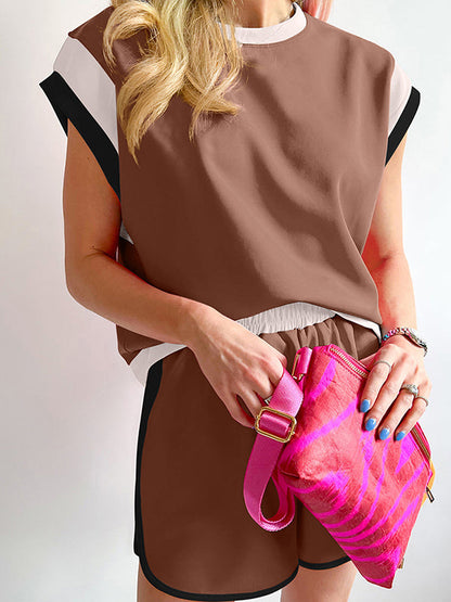 Loose Short Sleeves Contrast Color Split-Joint Round-Neck T-Shirt Top + Elasticity Pockets Shorts Bottom Two Pieces Set
